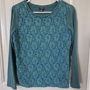 Talbots Womans Medium Teal/green Floral Lace Long Sleeve Shirt